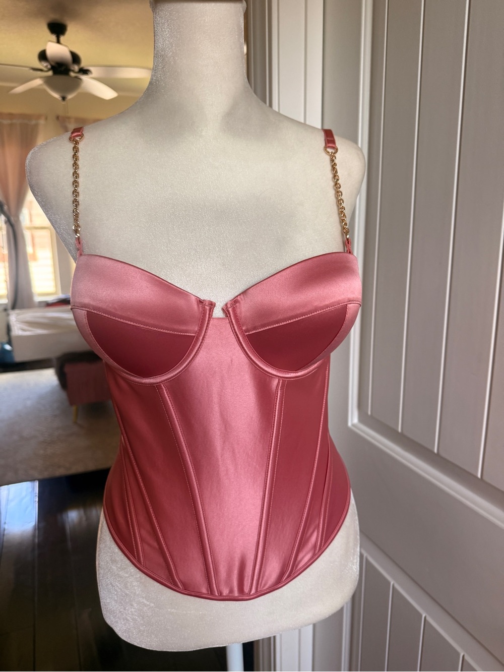 Honey Birdette Rose Pink Satin Bustier with Gold Chain Straps - Picture 7 of 10